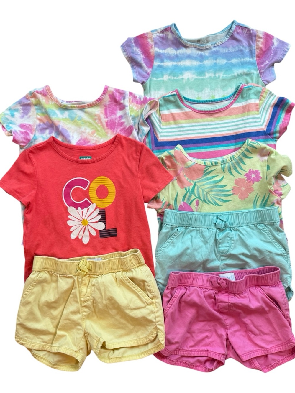 Girls Size 6 Summer Outfit Lot 8 Pieces Graphic Tees & Shorts Tie Dye Stripes